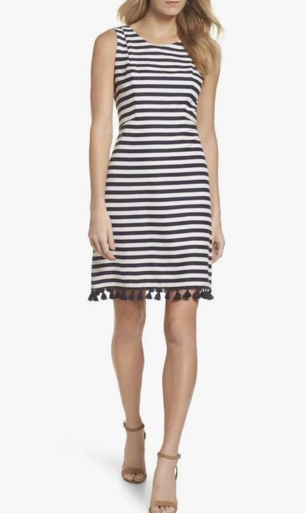 Eliza J Dresses & Skirts - Eliza J Linen Blend Striped Tassel Hem Dress Size 6 NEW Blue White